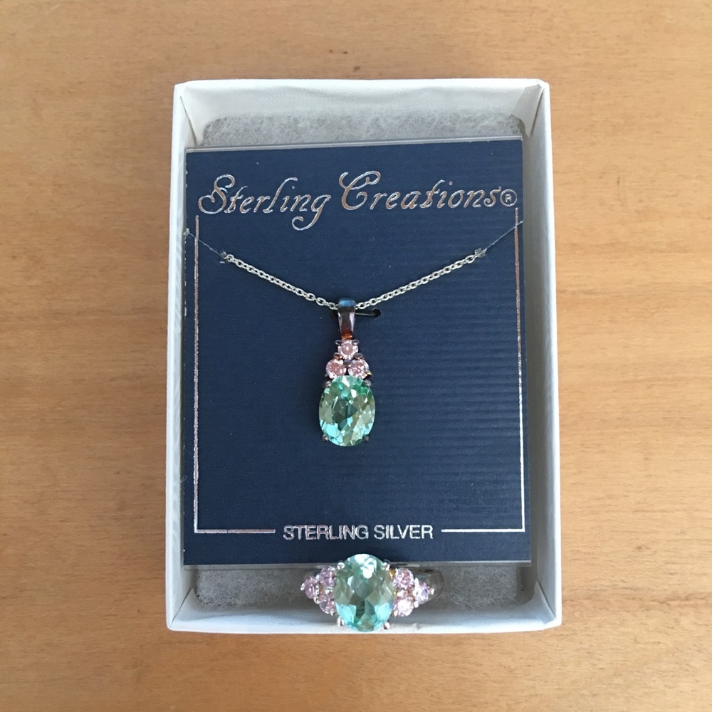 New Sterling Silver CZ Pendant Necklace and Ring 8